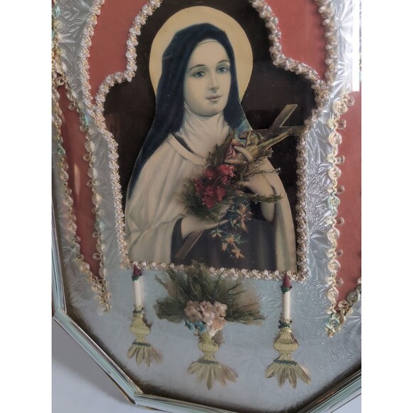 Antique Convex Glass Wall Picture St. Therese Of Lisieux 30's Mary Icon MCM - Picture 4 of 9